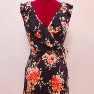 Francesca’s ruffle floral wrap navy dress
